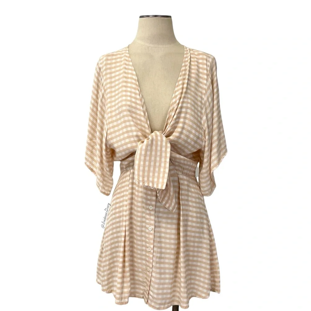 Faithfull the Brand- Light Pink Gingham Tie Front Dress Size Medium (6).